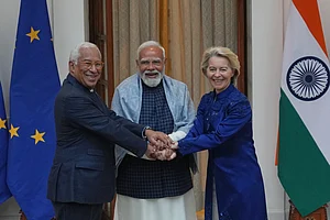 AP : Indian Prime Minister Narendra Modi, center, welcomes European Council President Antonio Costa, left and European Commission President Ursula von der Leyen before their meeting in New Delhi, India, Tuesday, Jan. 27,2026. (AP Photo/Manish Swarup)