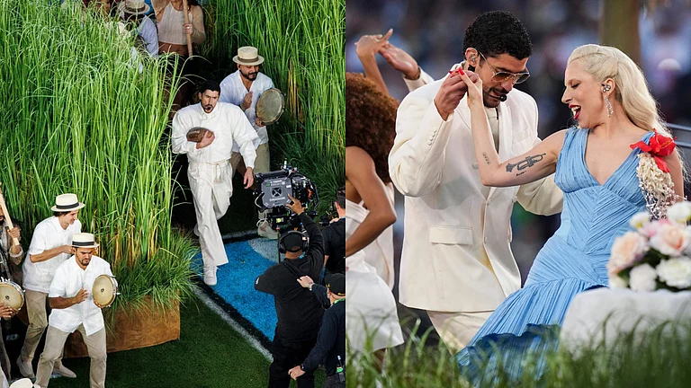 Bad Bunny and Lady Gaga perform during halftime of the NFL Super Bowl 60 football game between the New England Patriots and the Seattle Seahawks in Santa Clara, California. - AP/Lynne Sladky, Santiago Mejia/San Francisco Chronicle via AP