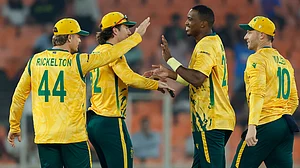 South Africa celebrate the wicket of Canada captain Dilpreet Bajwa