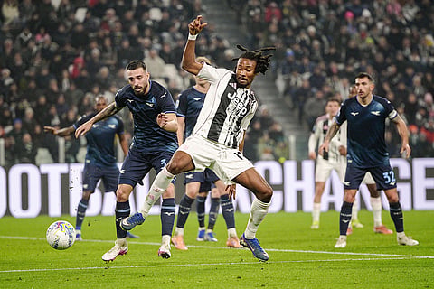 Juventus' Khephren Thuram and Lazio's Mario Gila, left, in action during the Serie A soccer match between Juventus and Lazio in Turin, Italy.