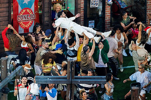Bad Bunny, center top, performs during the halftime show of the NFL Super Bowl 60 football game between the Seattle Seahawks and the New England Patriots in Santa Clara, California.
