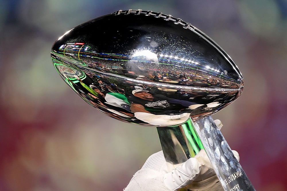Patriots vs Seahawks NFL Super Bowl 60 football game-Lombardi Trophy