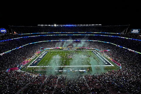 The Seattle Seahawks celebrate after defeating the New England Patriots in the NFL Super Bowl 60 football game, in Santa Clara, California.