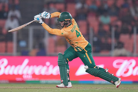 South Africa Ryan Rickelton plays a shot during the T20 World Cup cricket match between Canada and South Africa in Ahmedabad.