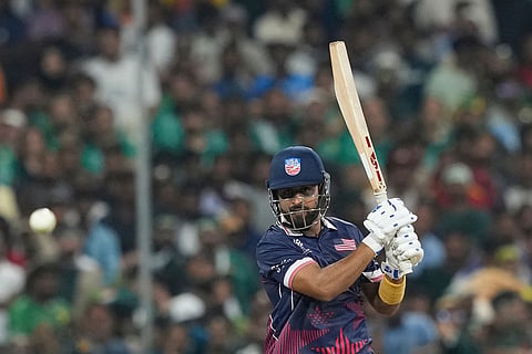 United States' Shubham Ranjane plays a shot during the T20 World Cup cricket match between Pakistan and the United States in Colombo, Sri Lanka.
