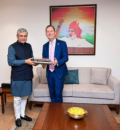 Union Minister Ashwini Vaishnaw with US Ambassador to India Sergio Gor during a meeting. 