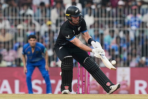 New Zealand's Finn Allen plays a shot during the T20 World Cup cricket match between New Zealand and United Arab Emirates in Chennai, India.