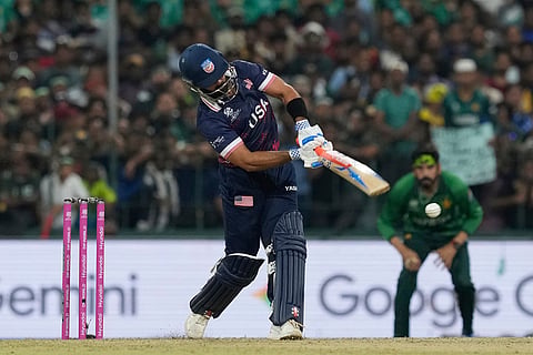 United States' Shayan Jahangir plays a shot during the T20 World Cup cricket match between Pakistan and the United States in Colombo, Sri Lanka.