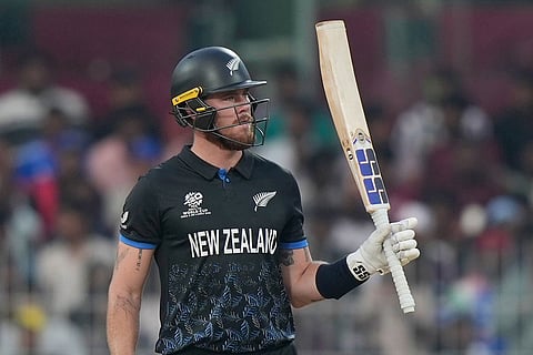 New Zealand's Finn Allen celebrates his fifty runs during the T20 World Cup cricket match between New Zealand and United Arab Emirates in Chennai, India.