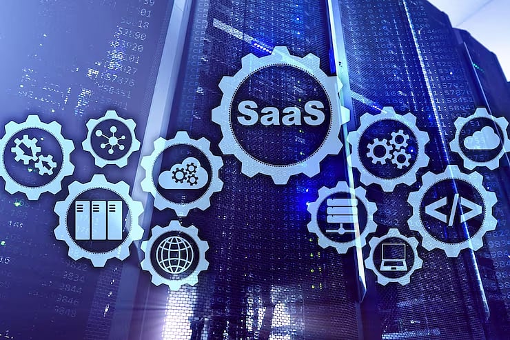 SaaS text inside central gear surrounded by cloud and tech icons