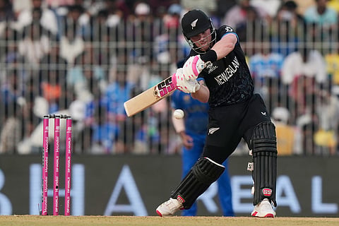 New Zealand's Tim Seifert plays a shot during the T20 World Cup cricket match between New Zealand and United Arab Emirates in Chennai, India.