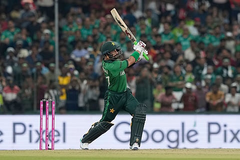Pakistan's Sahibzada Farhan hits a six during the T20 World Cup cricket match between Pakistan and the United States in Colombo, Sri Lanka.
