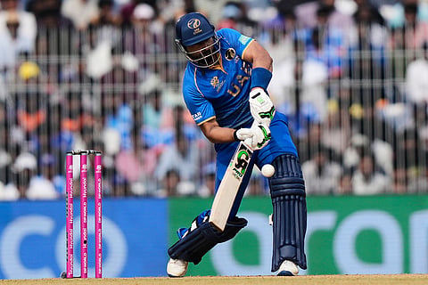 United Arab Emirates' captain Muhammad Waseem plays a shot during the T20 World Cup cricket match between New Zealand and United Arab Emirates in Chennai, India.