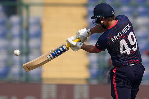 Namibia Jay Frylinck plays a shot during the T20 World Cup cricket match between Namibia and Netherlands in New Delhi.