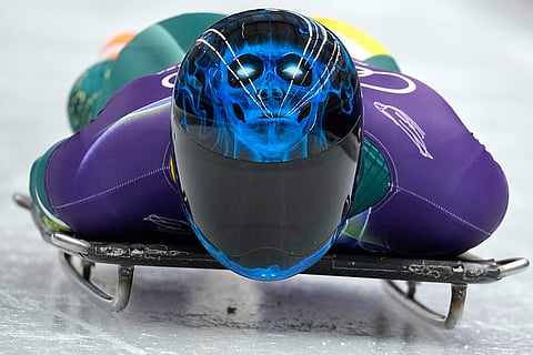 Australia's Nicholas Timmings starts for a men's skeleton training session at the 2026 Winter Olympics, in Cortina d'Ampezzo, Italy.
