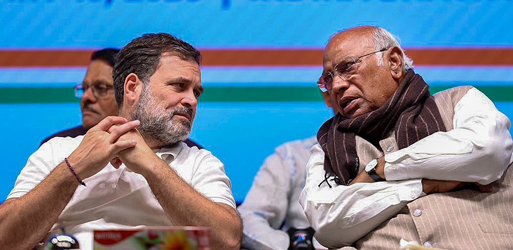 | Photo: AICC via PTI  : LoP in the Lok Sabha Rahul Gandhi and Congress President Mallikarjun Kharge during the DCC Presidents' Training Programme at Indira Bhawan, in New Delhi. 