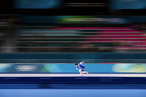 Brittany Bowe of the U.S. practice ahead of the women's 1,500 meters speedskating race at the 2026 Winter Olympics, in Milan, Italy.