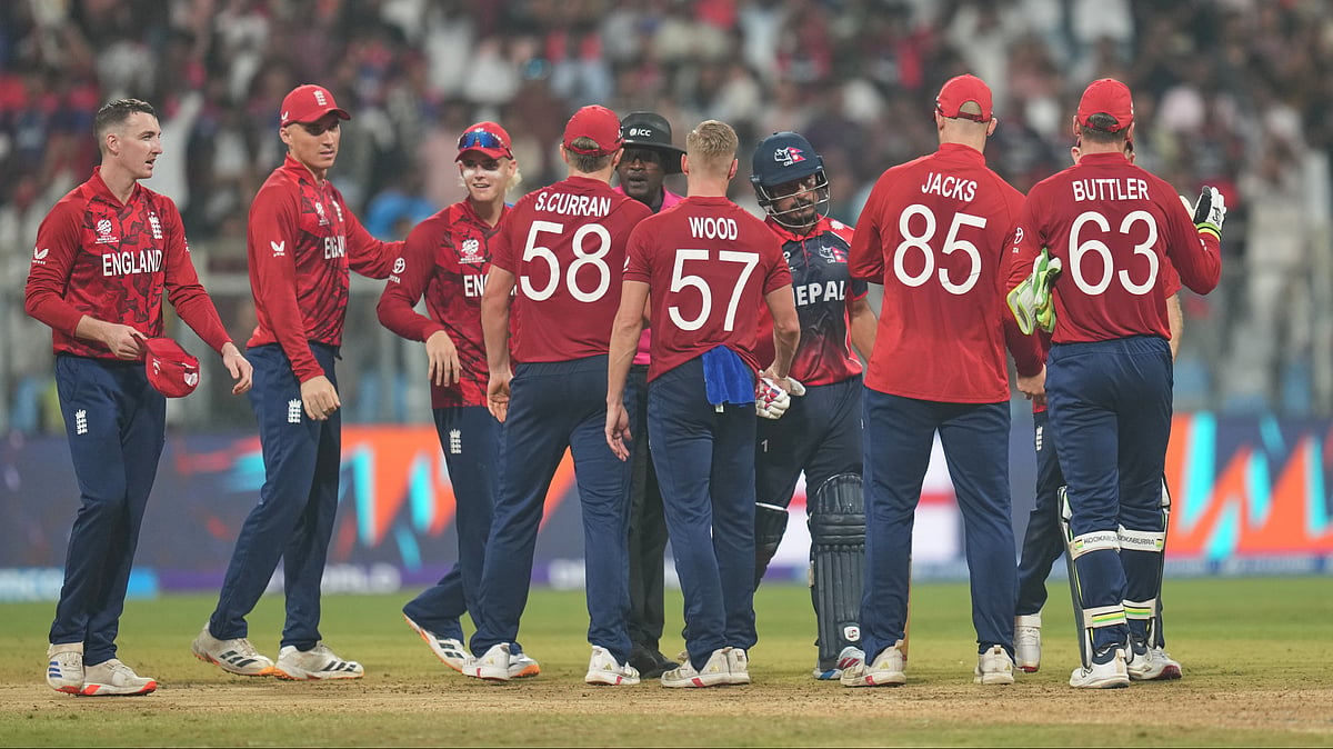| Photo: AP/Rafiq Maqbool : England players celebrate after wining against Nepal during the T20 World Cup cricket match in Mumbai, India, Sunday, Feb. 8, 2026.