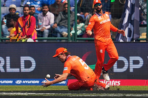 Netherlands' Bas de Leede drops a catch during the T20 World Cup cricket match between Namibia and Netherlands in New Delhi.