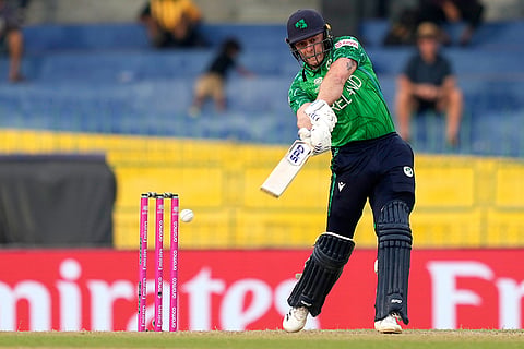 Ireland's Ross Adair plays a shot during the T20 World Cup cricket match between Australia and Ireland in Colombo, Sri Lanka.