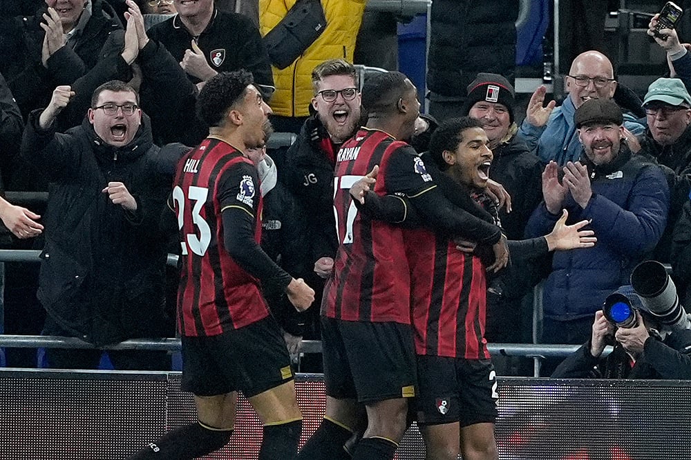 | Photo: Peter Byrne/PA via AP : Bournemouth's Amine Adli, right, celebrates scoring their side's second goal of the game Everton during their English Premier League soccer match in Liverpool, England.