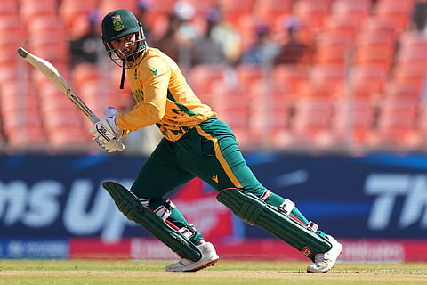 South Africa's Quinton de Kock plays a shot during the T20 World Cup cricket match between Afghanistan and South Africa in Ahmedabad.