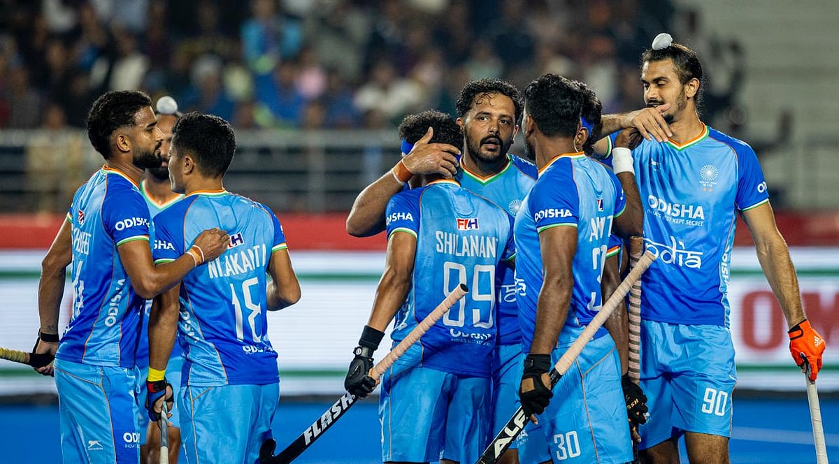 Photo: Hockey India : India celebrate Shilanand Lakra's goal against Belgium in their FIH Pro League 2025-26 opener in Rourkela.