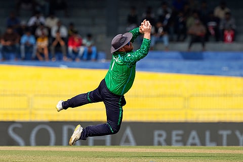 Ireland's captain Paul Stirling takes the catch to dismiss Australia's Josh Inglis during the T20 World Cup cricket match between Australia and Ireland in Colombo, Sri Lanka.