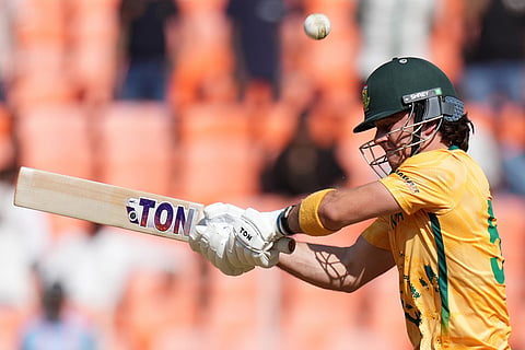 South Africa's Dewald Brevis plays a shot at the super over during the T20 World Cup cricket match between Afghanistan and South Africa in Ahmedabad.