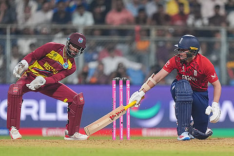 England's Sam Curran plays a shot during an ICC Men's T20 World Cup 2026 cricket match between England and West Indies, at the Wankhede Stadium, in Mumbai, Maharashtra.