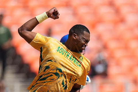 South Africa's Lungi Ngidi celebrates the dismissal of Afghanistan's Ibrahim Zardan during the T20 World Cup cricket match between Afghanistan and South Africa in Ahmedabad.
