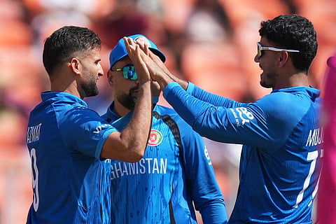 Afghanistan's Azmatullah Omarzai, left celebrates the dismissal of South Africa's Dewald Brevis during the T20 World Cup cricket match between Afghanistan and South Africa in Ahmedabad.