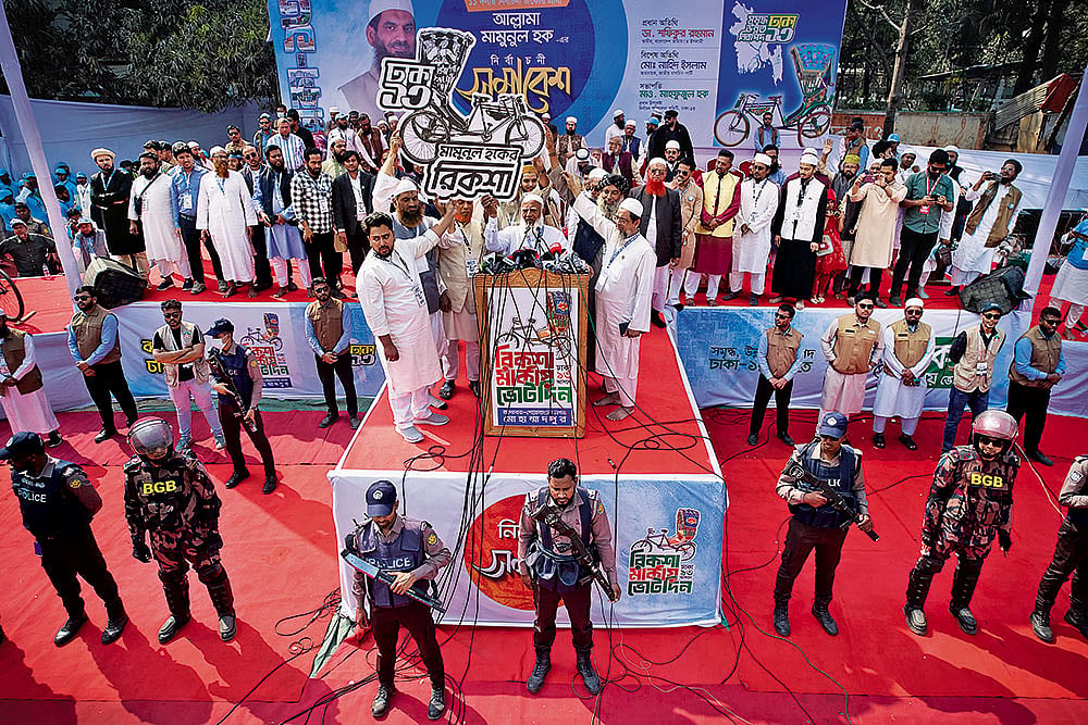 | Photo: AP : Polarising in its Favour: Jamaat-e-Islami leader Shafiqur Rahman (centre) at an election rally in Dhaka on February 9, 2026