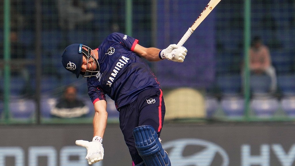 AP : Namibia's captain Gerhard Erasmus reacts after losing his wicket during the T20 World Cup match between Namibia and Netherlands in New Delhi.