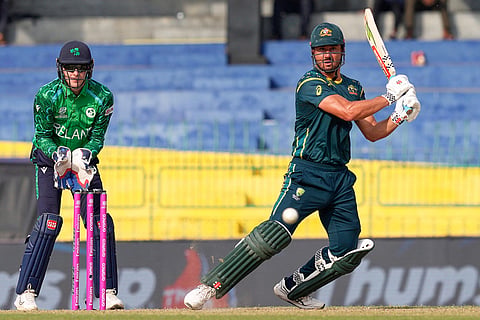Australia's Marcus Stoinis plays a shot during the T20 World Cup cricket match between Australia and Ireland in Colombo, Sri Lanka.