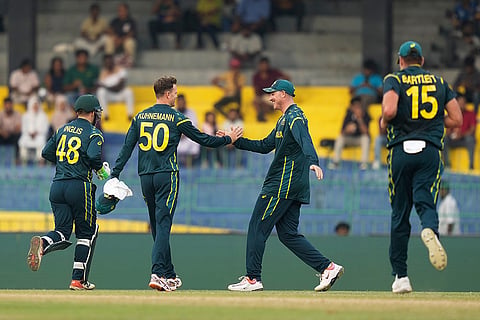 Australia's Matthew Kuhnemann, second left, celebrates with teammates the wicket of Ireland's Harry Tector during the T20 World Cup cricket match between Australia and Ireland in Colombo, Sri Lanka.