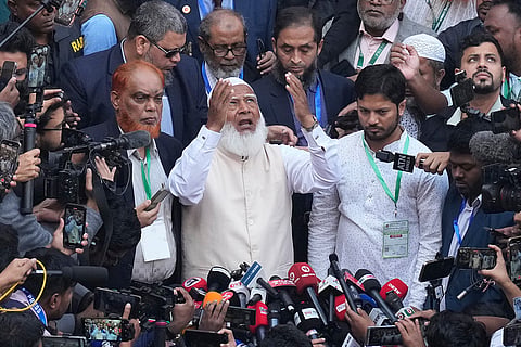 Jamaat-e-Islami leader Shafiqur Rahman, center, addresses to the media after casting his vote at a polling station during national parliamentary election in Dhaka, Bangladesh, Thursday, Feb. 12, 2026. 