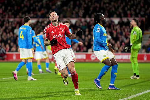 Nottingham Forest's Morato rues a missed chance on goal during the English Premier League soccer match between Nottingham Forest and Wolverhampton Wanderers, in Nottingham, England.