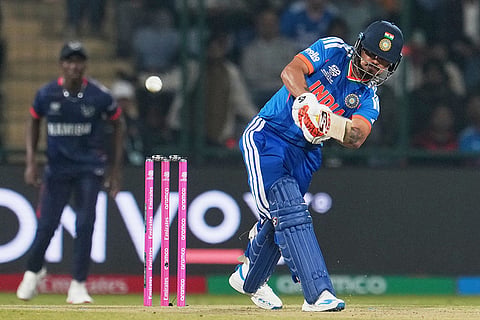 India's Ishan Kishan plays a shot during the T20 World Cup cricket match between India and Namibia in New Delhi.