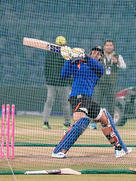 India's captain Suryakumar Yadav plays a shot during a practice session ahead of an ICC Men's T20 World Cup 2026 cricket match between India and Namibia, at the Arun Jaitley Stadium, in New Delhi.