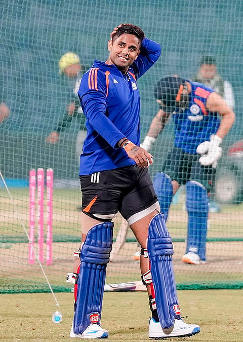 India's captain Suryakumar Yadav during a practice session ahead of an ICC Men's T20 World Cup 2026 cricket match between India and Namibia, at the Arun Jaitley Stadium, in New Delhi.
