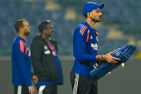 India's Axar Patel during a training session ahead of the ICC Men's T20 World Cup 2026 cricket match between India and Namibia, at Arun Jaitley Stadium, in New Delhi.