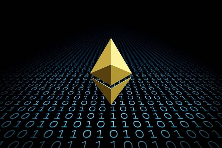 Ethereum symbol over binary code background representing blockchain technology