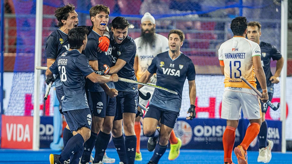 Hockey India : Argentina celebrate a goal against India in their FIH Pro League 2025-26 encounter in Rourkela.