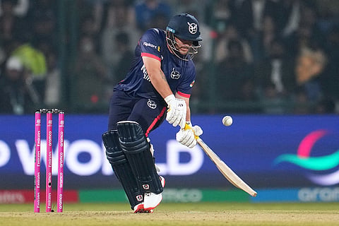 Namibia's Nicol Loftie-Eaton plays a shot during the T20 World Cup cricket match between India and Namibia in New Delhi.