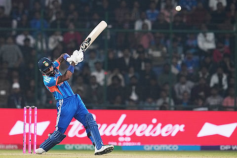 India's Hardik Pandya plays a shot during the T20 World Cup cricket match between India and Namibia in New Delhi.