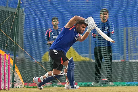 India's Rinku Singh plays a shot during a practice session ahead of an ICC Men's T20 World Cup 2026 cricket match between India and Namibia, at the Arun Jaitley Stadium, in New Delhi.