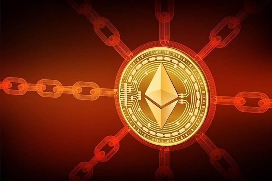 Glowing Ethereum coin with chains symbolizing blockchain security and decentralization