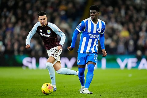 Brighton and Hove Albion's Carlos Baleba, right, and Aston Villa's Morgan Rogers, left, battle for the ball during their English Premier League soccer match in Birmingham, England.
