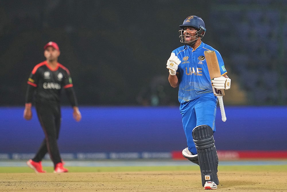 | Photo: AP/Manish Swarup : United Arab Emirates' Aryansh Sharma celebrates after defeating Canada during the T20 World Cup cricket match in New Delhi.